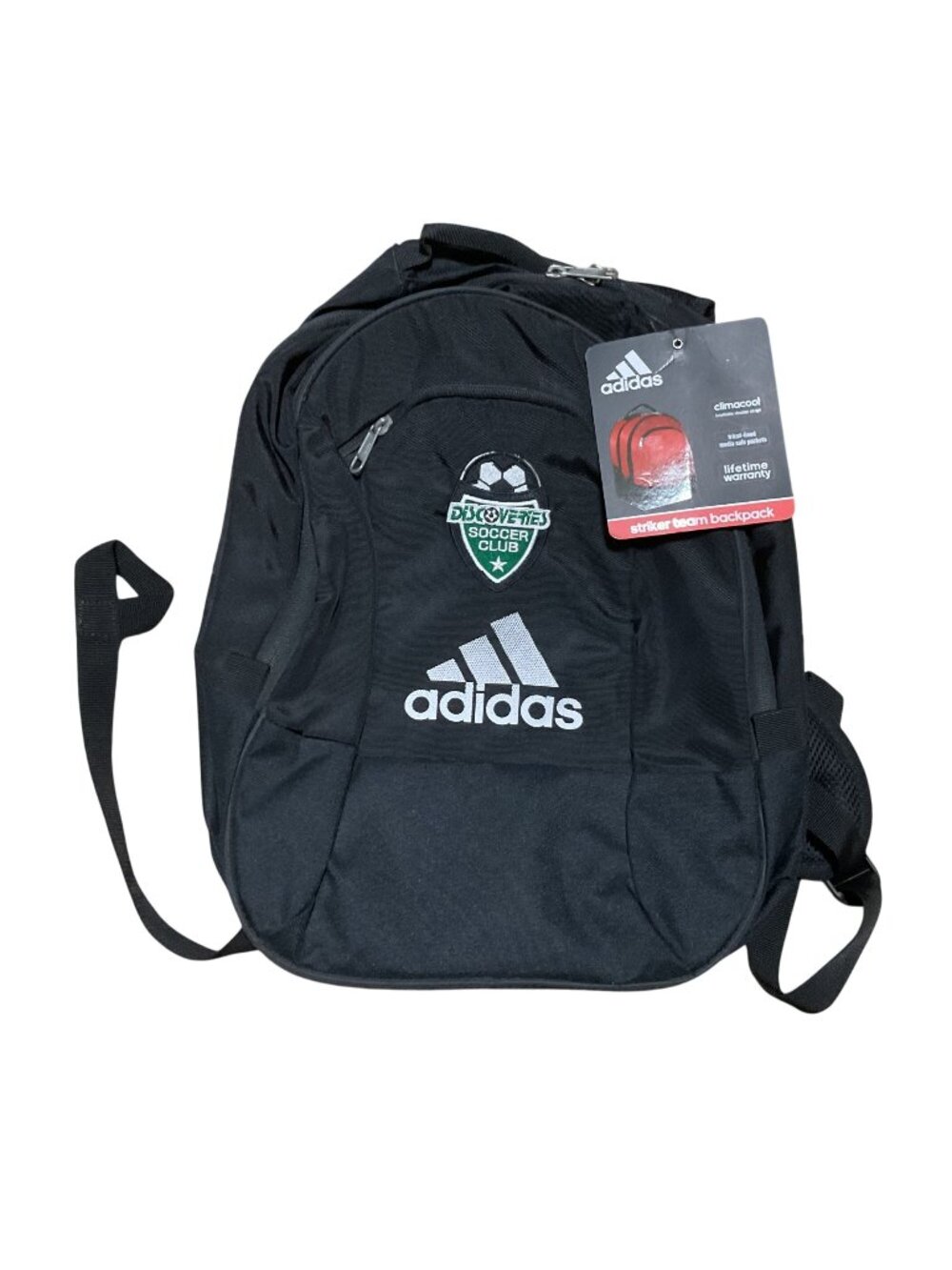 NWT Adidas Striker Team Backpack Black With Discoveries Soccer Club Logo